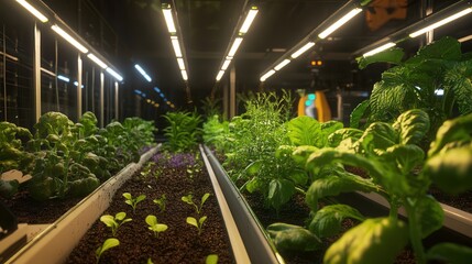 Poster - solar-powered farm where robots cultivate crops, adjust lighting, and optimize growth conditions using machine learning.