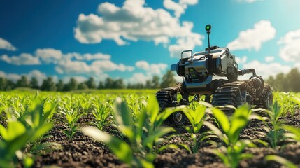 Poster - world where farms are automated with robots that handle every task, from planting seeds to providing pest control.