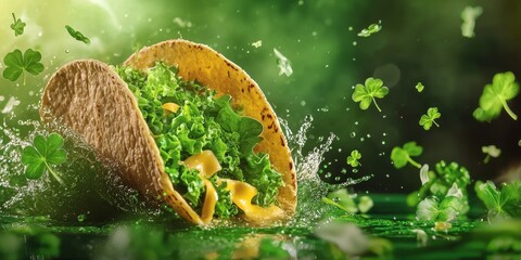 Wall Mural - St Patrick Day floating taco with green lettuce and cheese splashes on vibrant background