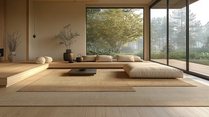 Wall Mural - Minimalist living room with large windows, wooden floors, and neutral-toned furniture.