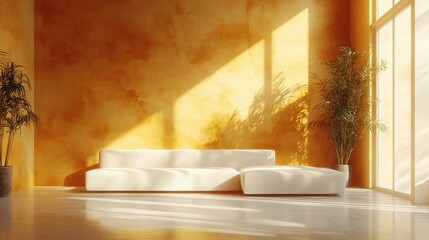 Wall Mural - Sunlit modern living room with white sectional sofa against ochre wall.