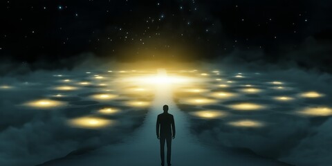 Wall Mural - Abstract digital illustration of a figure standing before multiple glowing paths, each one leading to a different unknown destination, symbolizing the choices driven by curiosity