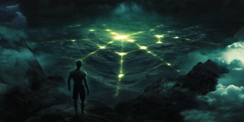 Wall Mural - Abstract digital illustration of a figure standing before multiple glowing paths, each one leading to a different unknown destination, symbolizing the choices driven by curiosity