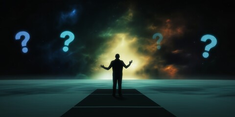 Wall Mural - surreal image of a person reaching out toward floating question marks in a cosmic setting, symbolizi