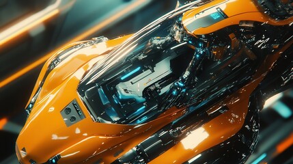 Poster - industrial robotic arm assembling a futuristic car.