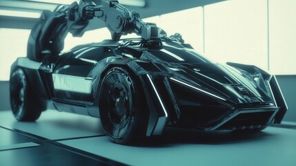 Poster - industrial robotic arm assembling a futuristic car.