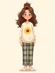 Wall Mural - Cute Girl in Daisy Sweatshirt and Plaid Pants Illustration