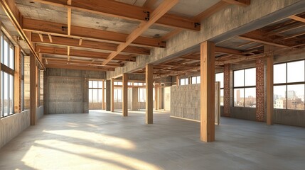 Poster - construction of an art gallery building, showcasing exposed beams and the future placement of artwork spaces.
