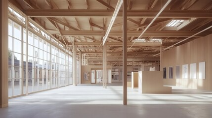 Poster - construction of an art gallery building, showcasing exposed beams and the future placement of artwork spaces.