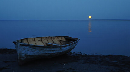 Poster - A weathered boat rests on the shore under a serene blue sky, reflecting the glow of a full moon on the calm water