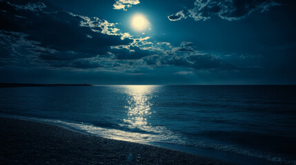 Poster - A serene night scene featuring a moonlit ocean reflecting soft light on gentle waves under a sky filled with textured clouds
