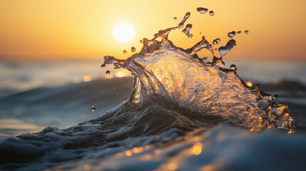 Poster - A close-up of a wave splashing in the sea, with a golden sunset illuminating the scene, creating a serene and picturesque atmosphere