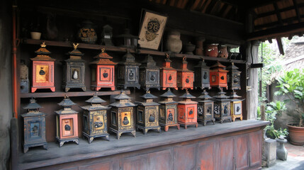 Poster - A collection of colorful traditional lanterns displayed on a wooden shelf in a rustic setting, showcasing intricate designs and cultural significance
