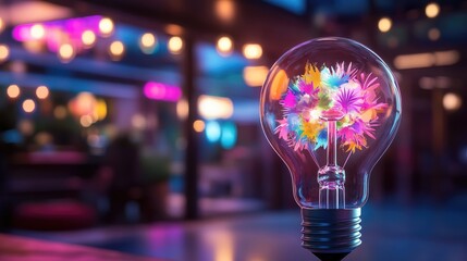 Poster - Colorful Light Bulb with Floral Elements in a Soft Focus Background