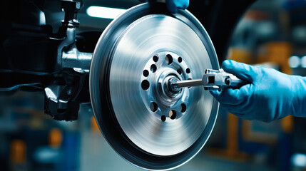 Aufkleber - A mechanic in blue gloves adjusts a car brake disc with a wrench, showcasing automotive repair in a workshop setting