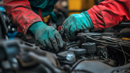 Poster - A mechanic works on a vehicle's engine, using tools while wearing protective gloves in a garage setting
