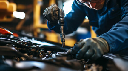 Poster - A mechanic working on a car engine, using a power tool to repair or maintain the vehicle in a workshop