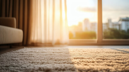 Aufkleber - A cozy interior scene featuring a soft rug, warm sunlight streaming through sheer curtains, and a view of the city skyline through large windows
