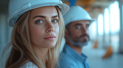 Poster - proud engineers against the backdrop of a construction site. Generative AI