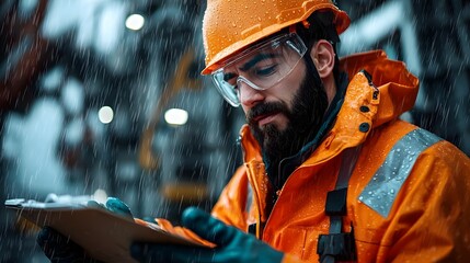 Poster - Offshore oil rig engineer in protective orange suit and harness examining digital diagnostics inside the rig under soft golden illumination as raindrops trace patterns on the glass control panels