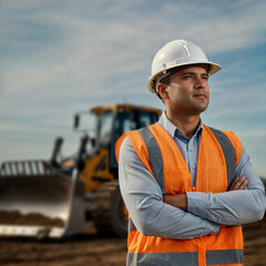 Poster - proud builder against the backdrop of a construction site. Generative AI