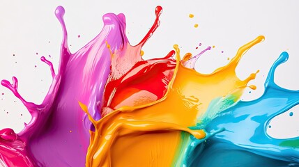 Poster - Vibrant Splashes of Paint in Various Colors on White Background
