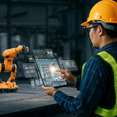 Poster - civil engineer works with futuristic digital interface. Generative AI