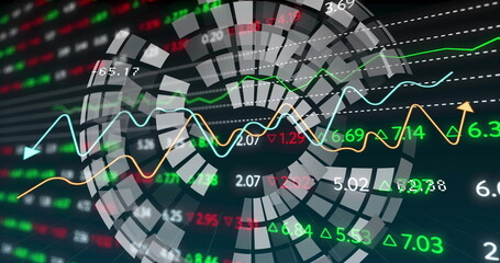 Poster - image of financial data processing over grid and dark background