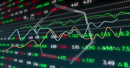 Poster - image of financial data processing over grid and dark background