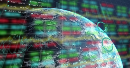 Poster - image of financial data processing over globe