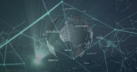 Poster - image of rotating globe and communication networks on dark background