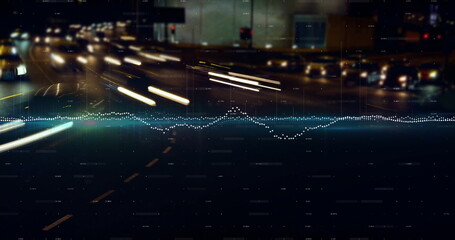 Poster - image of financial data processing over city lights