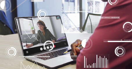 Poster - Image of data processing over african american businessman using laptop for image call