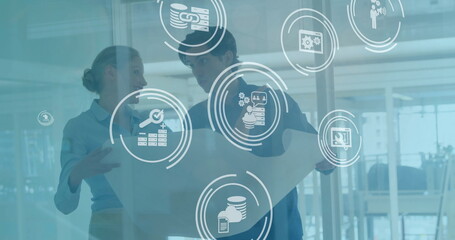 Aufkleber - Image of financial data processing over diverse business people in office