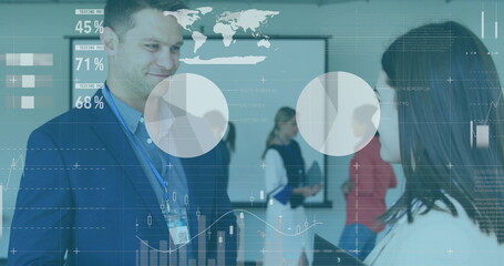 Poster - Image of financial data processing over diverse business people in office