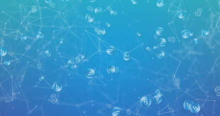 Poster - image of network of bitcoin and dollar coins moving on blue background