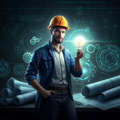 Poster - construction engineer with light bulb, concept of innovation in construction. Generative AI