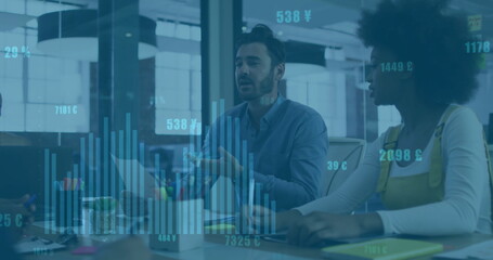 Poster - Image of financial data processing over diverse business people in office