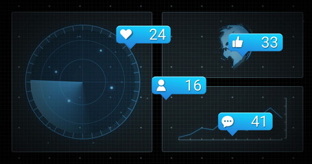 Poster - image of circuit board and social media data processing over dark background