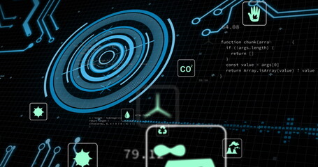 Poster - image of circuit board and data processing over dark background