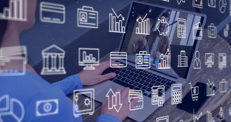 Poster - Image of business icons over caucasian woman using laptop for image call