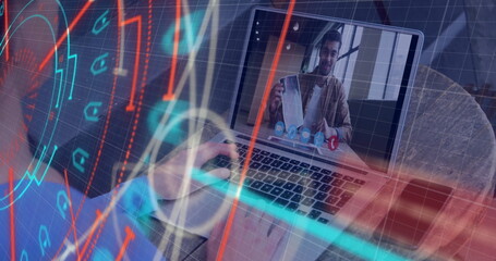 Poster - Image of scope scanning over caucasian woman using laptop for image call