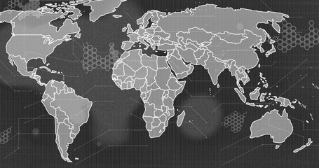 Poster - image of world map over shapes on black background