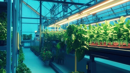 Poster - farm with automated greenhouses and vertical farming, where every plant is maintained by machines and monitored by AI systems.