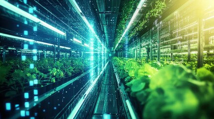 Poster - farm with automated greenhouses and vertical farming, where every plant is maintained by machines and monitored by AI systems.