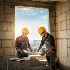 Poster - builder and engineer studying blueprints at construction site. Generative AI
