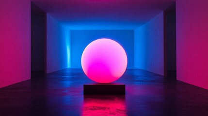Aufkleber - Luminous sphere in dark room with pink and blue neon lights, futuristic art installation. Modern abstract design concept