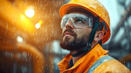 Poster - professional offshore maintenance worker in a bright orange ppe suit harness securely attached