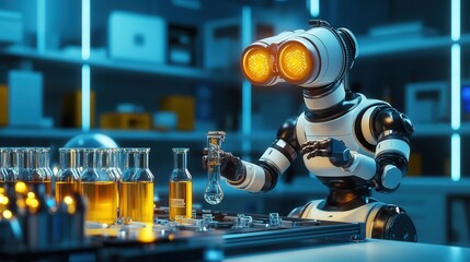 Poster - robot used for complex research in laboratories, handling dangerous substances and conducting experiments with high accuracy and consistency.