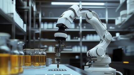 Poster - robot used for complex research in laboratories, handling dangerous substances and conducting experiments with high accuracy and consistency.